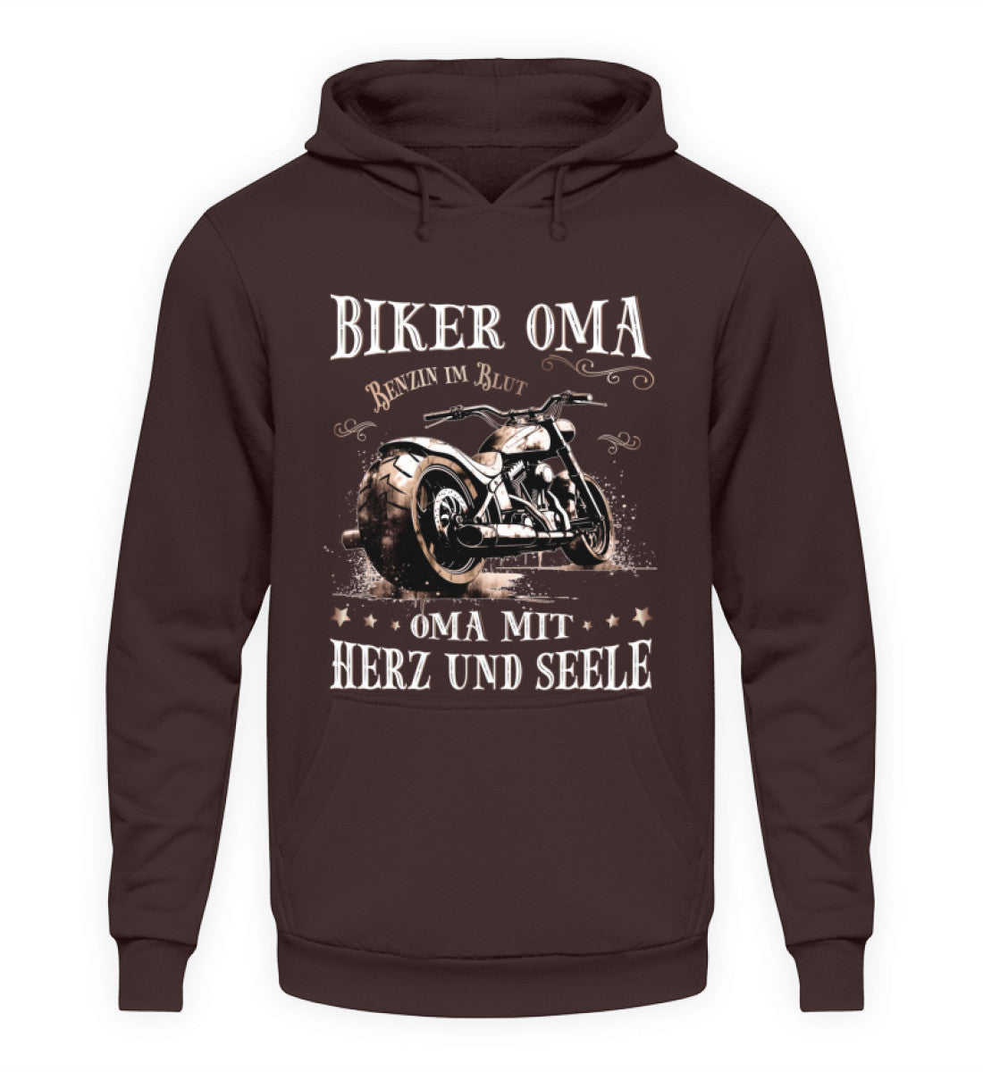 Ein Hoodie für Motorrad fahrende Omas von Wingbikers mit dem Aufdruck, Biker Oma - Benzin im Blut - Oma mit Herz und Seele, in braun.