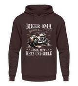 Ein Hoodie für Motorrad fahrende Omas von Wingbikers mit dem Aufdruck, Biker Oma - Benzin im Blut - Oma mit Herz und Seele, in braun.