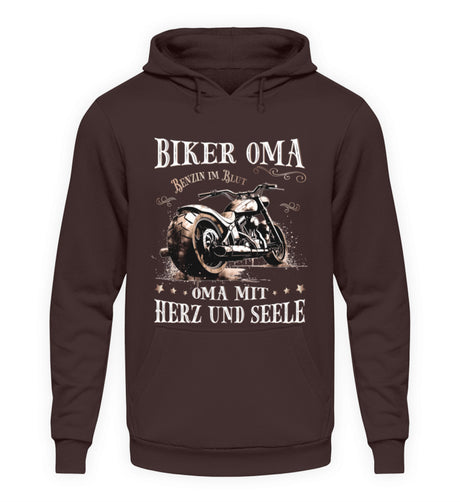 Ein Hoodie für Motorrad fahrende Omas von Wingbikers mit dem Aufdruck, Biker Oma - Benzin im Blut - Oma mit Herz und Seele, in braun.