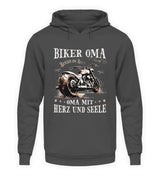 Ein Hoodie für Motorrad fahrende Omas von Wingbikers mit dem Aufdruck, Biker Oma - Benzin im Blut - Oma mit Herz und Seele, in grau.