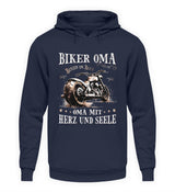 Ein Hoodie für Motorrad fahrende Omas von Wingbikers mit dem Aufdruck, Biker Oma - Benzin im Blut - Oma mit Herz und Seele, in navy.