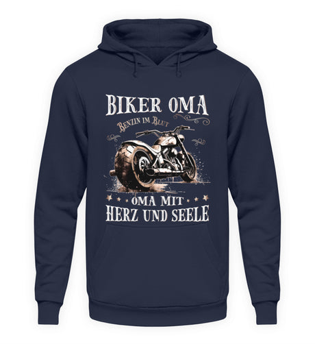 Ein Hoodie für Motorrad fahrende Omas von Wingbikers mit dem Aufdruck, Biker Oma - Benzin im Blut - Oma mit Herz und Seele, in navy.