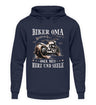 Ein Hoodie für Motorrad fahrende Omas von Wingbikers mit dem Aufdruck, Biker Oma - Benzin im Blut - Oma mit Herz und Seele, in navy.