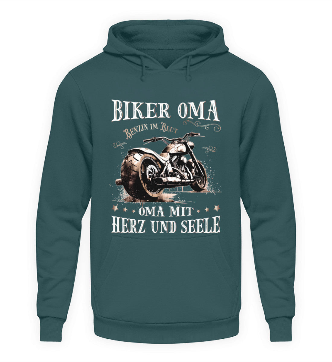 Ein Hoodie für Motorrad fahrende Omas von Wingbikers mit dem Aufdruck, Biker Oma - Benzin im Blut - Oma mit Herz und Seele, in türkis.