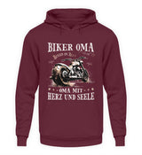 Ein Hoodie für Motorrad fahrende Omas von Wingbikers mit dem Aufdruck, Biker Oma - Benzin im Blut - Oma mit Herz und Seele, in burgunder.