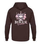 Ein Bikerin Hoodie für Motorradfahrende Frauen von Wingbikers mit dem Aufdruck, Biker Queen - mit Back Print, in braun.