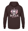 Ein Bikerin Hoodie für Motorradfahrende Frauen von Wingbikers mit dem Aufdruck, Biker Queen - mit Back Print, in braun.