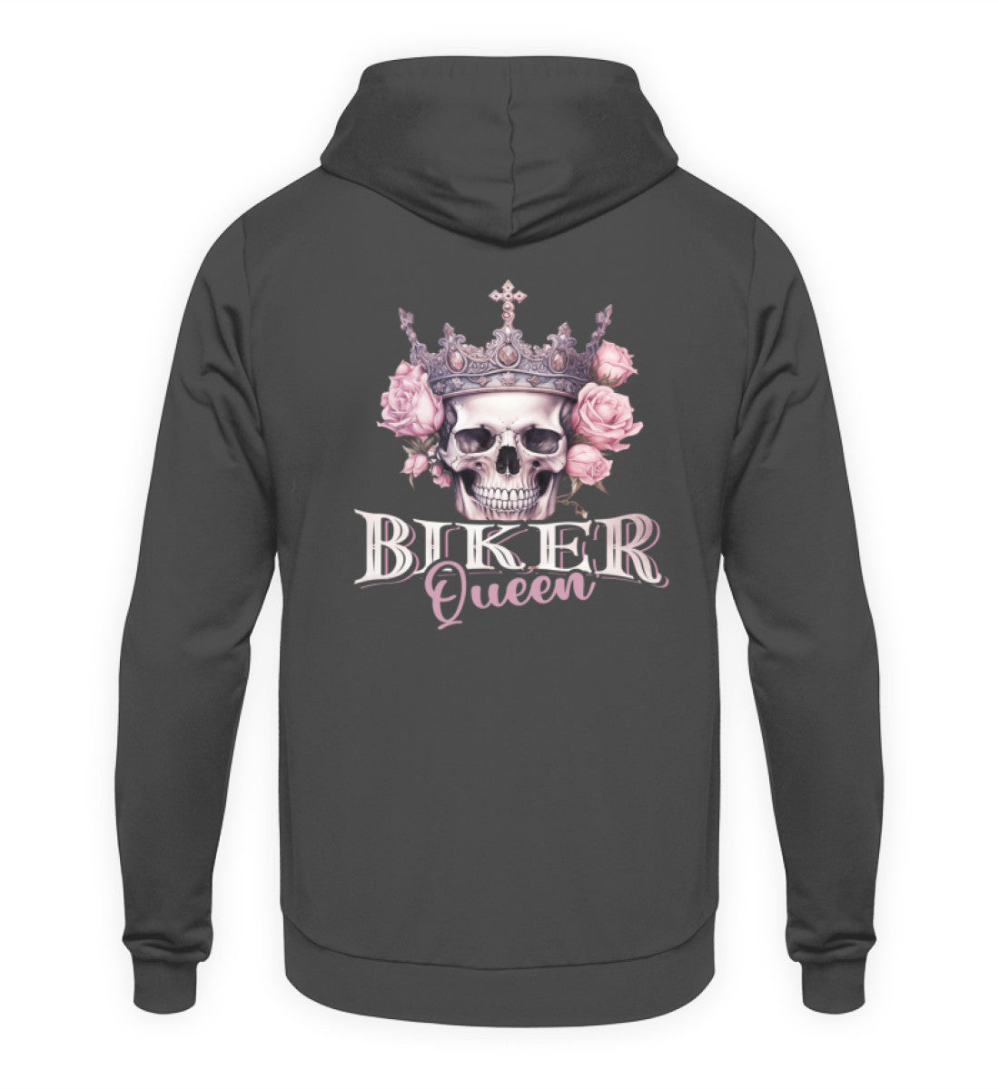 Ein Bikerin Hoodie für Motorradfahrende Frauen von Wingbikers mit dem Aufdruck, Biker Queen - mit Back Print, in dunkelgrau.