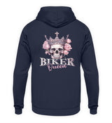 Ein Bikerin Hoodie für Motorradfahrende Frauen von Wingbikers mit dem Aufdruck, Biker Queen - mit Back Print, in navy.