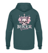 Ein Bikerin Hoodie für Motorradfahrende Frauen von Wingbikers mit dem Aufdruck, Biker Queen - mit Back Print, in türkis.