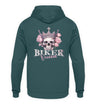 Ein Bikerin Hoodie für Motorradfahrende Frauen von Wingbikers mit dem Aufdruck, Biker Queen - mit Back Print, in türkis.