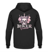 Ein Bikerin Hoodie für Motorradfahrende Frauen von Wingbikers mit dem Aufdruck, Biker Queen - mit Back Print, in schwarz.