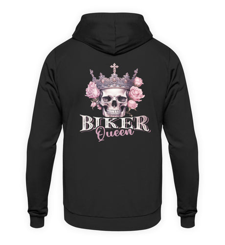 Ein Bikerin Hoodie für Motorradfahrende Frauen von Wingbikers mit dem Aufdruck, Biker Queen - mit Back Print, in schwarz.