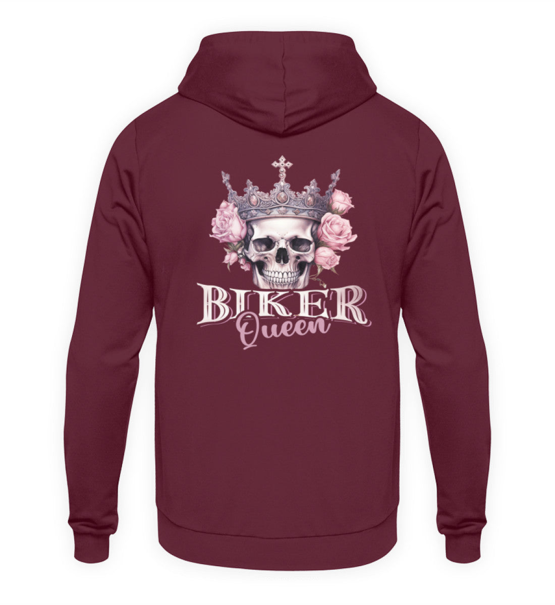 Ein Bikerin Hoodie für Motorradfahrende Frauen von Wingbikers mit dem Aufdruck, Biker Queen - mit Back Print, in burgunder.