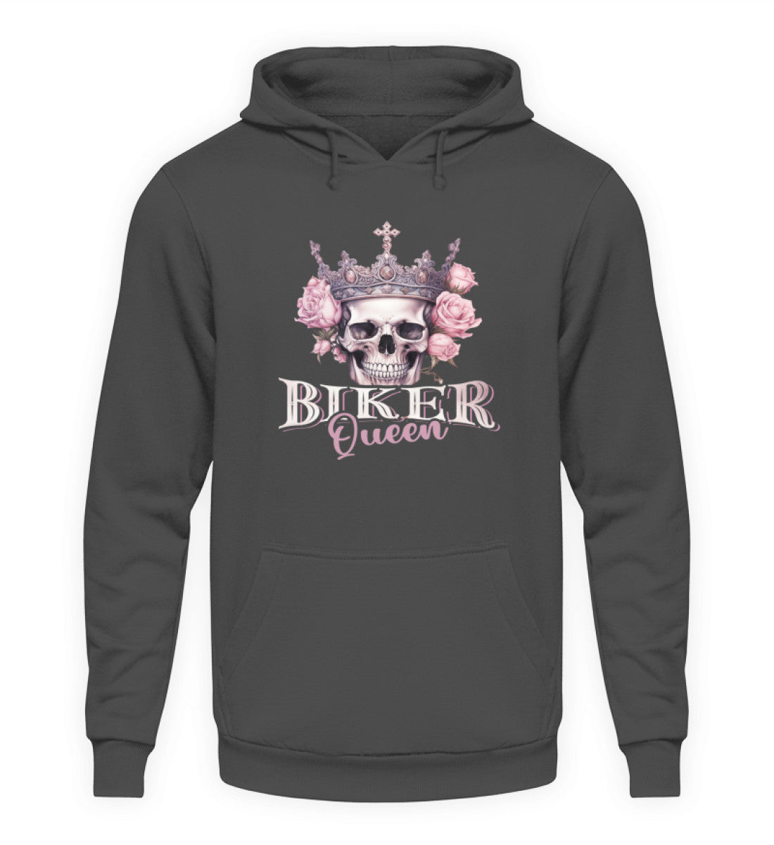 Ein Bikerin Hoodie für Motorradfahrende Frauen von Wingbikers mit dem Aufdruck, Biker Queen - in grau.