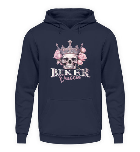 Ein Bikerin Hoodie für Motorradfahrende Frauen von Wingbikers mit dem Aufdruck, Biker Queen - in navy.