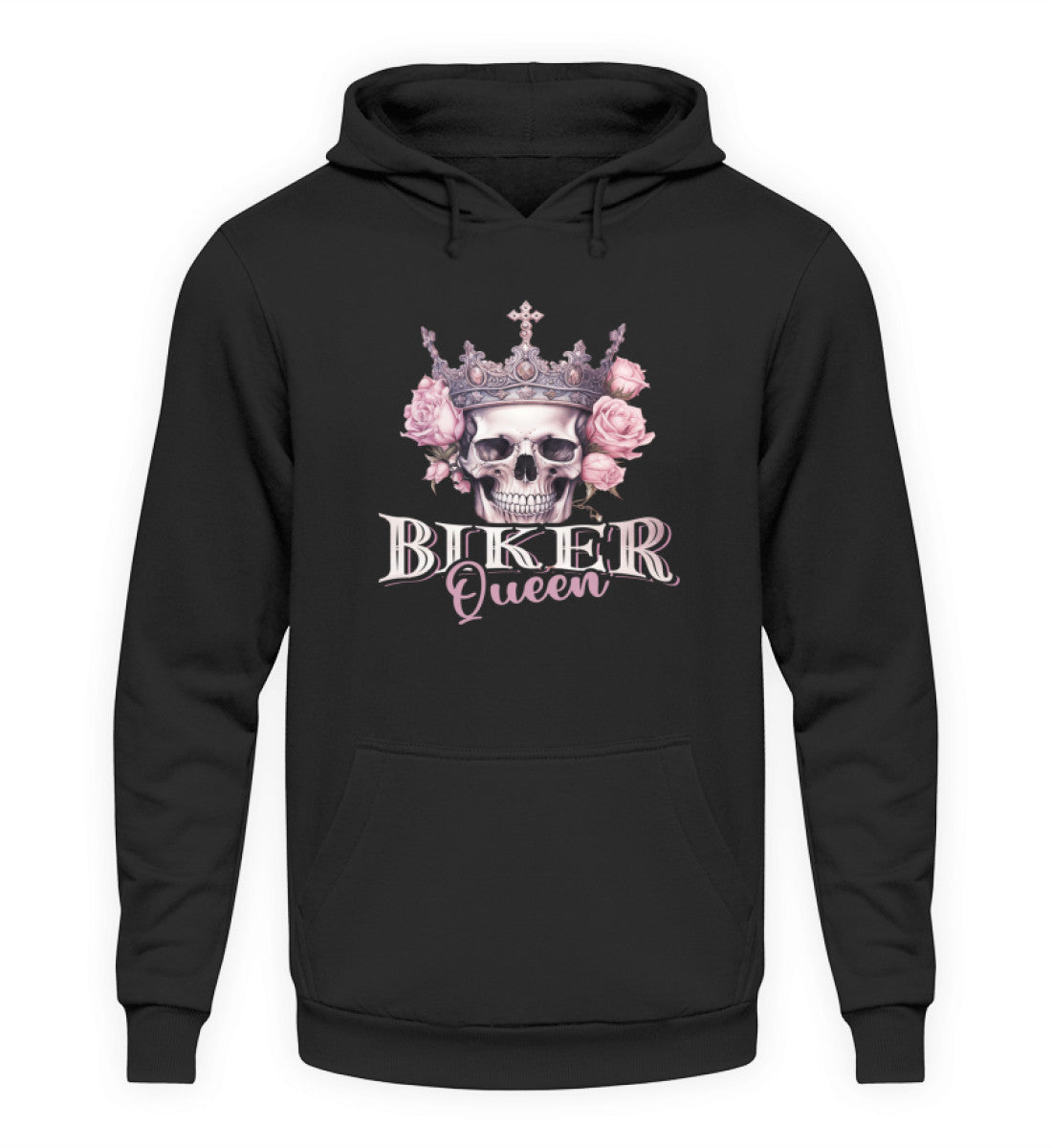 Ein Bikerin Hoodie für Motorradfahrende Frauen von Wingbikers mit dem Aufdruck, Biker Queen - in schwarz.