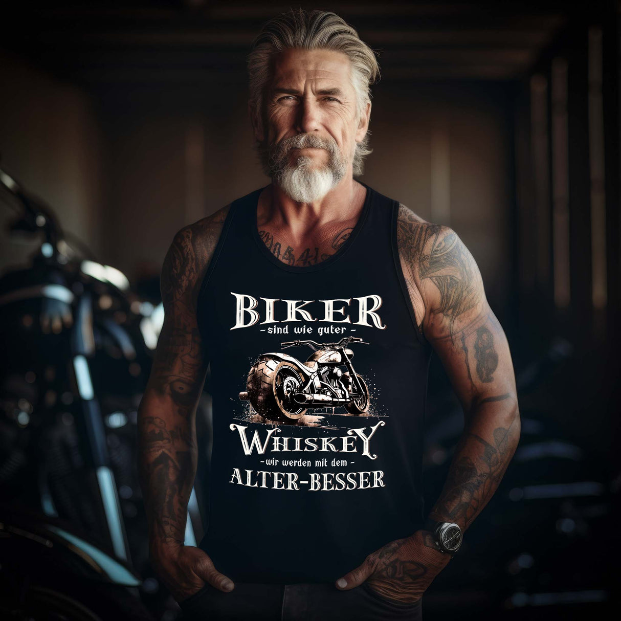 Ein Biker mit einem Tanktop von Wingbikers mit einem vintage Aufdruck, Biker sind wie gute Whiskey - wir werden mit dem Alter besser in schwarz.