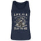 Ein Tanktop für Motorradfahrerinnen von Wingbikers mit dem Aufdruck, Life Is A Journey - Enjoy The Ride - mit einem Retro Vintage klassischem Motorrad, in navy blau.