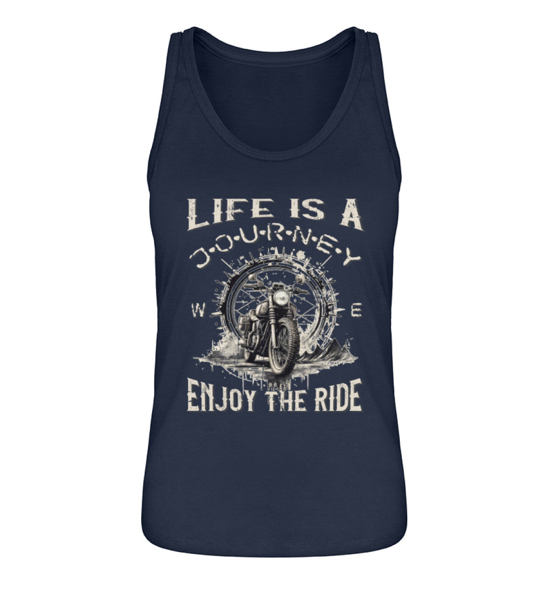 Ein Tanktop für Motorradfahrerinnen von Wingbikers mit dem Aufdruck, Life Is A Journey - Enjoy The Ride - mit einem Retro Vintage klassischem Motorrad, in navy blau.