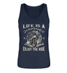 Ein Tanktop für Motorradfahrerinnen von Wingbikers mit dem Aufdruck, Life Is A Journey - Enjoy The Ride - mit einem Retro Vintage klassischem Motorrad, in navy blau.