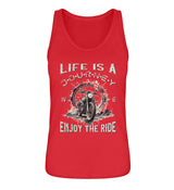 Ein Tanktop für Motorradfahrerinnen von Wingbikers mit dem Aufdruck, Life Is A Journey - Enjoy The Ride - mit einem Retro Vintage klassischem Motorrad, in rot.