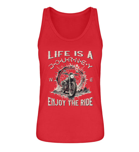 Ein Tanktop für Motorradfahrerinnen von Wingbikers mit dem Aufdruck, Life Is A Journey - Enjoy The Ride - mit einem Retro Vintage klassischem Motorrad, in rot.