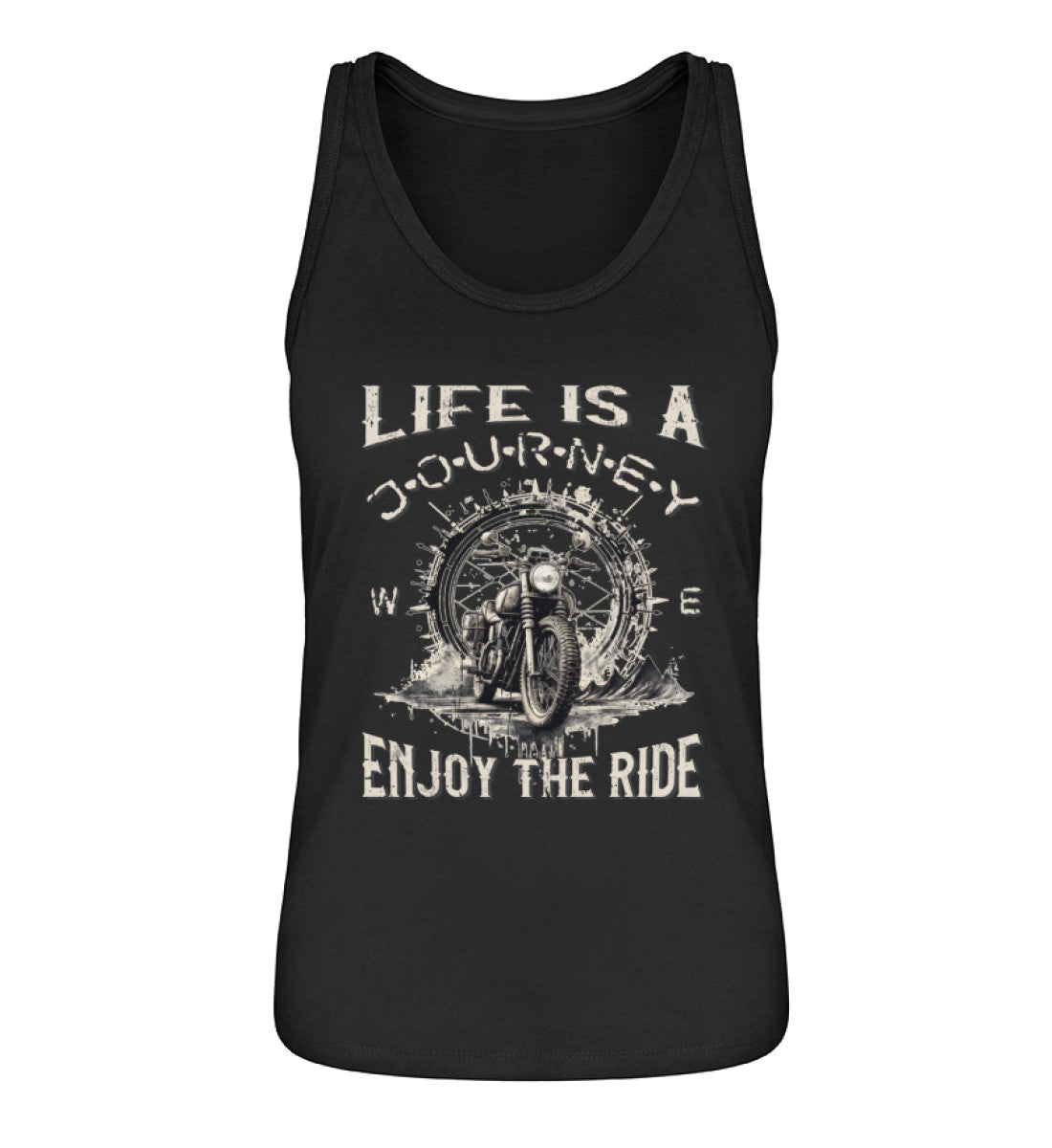 Ein Tanktop für Motorradfahrerinnen von Wingbikers mit dem Aufdruck, Life Is A Journey - Enjoy The Ride - mit einem Retro Vintage klassischem Motorrad, in schwarz.