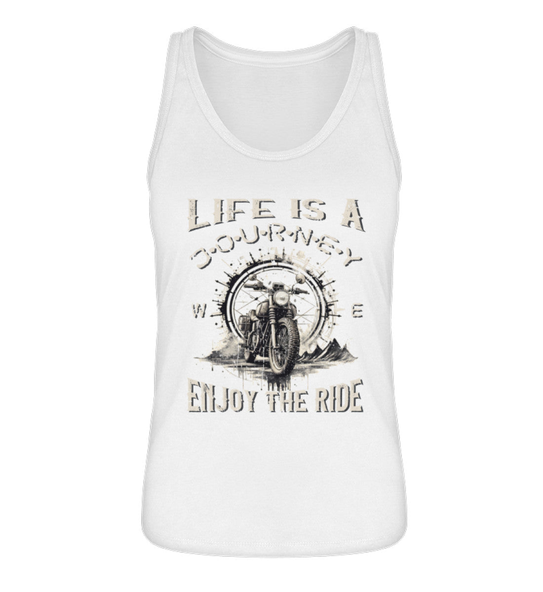 Ein Tanktop für Motorradfahrerinnen von Wingbikers mit dem Aufdruck, Life Is A Journey - Enjoy The Ride - mit einem Retro Vintage klassischem Motorrad, in weiß.