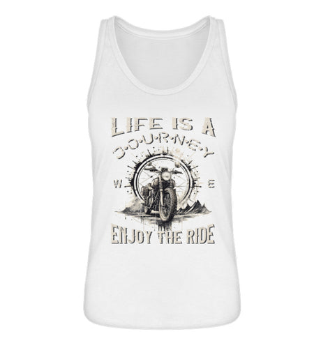 Ein Tanktop für Motorradfahrerinnen von Wingbikers mit dem Aufdruck, Life Is A Journey - Enjoy The Ride - mit einem Retro Vintage klassischem Motorrad, in weiß.