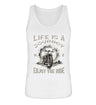 Ein Tanktop für Motorradfahrerinnen von Wingbikers mit dem Aufdruck, Life Is A Journey - Enjoy The Ride - mit einem Retro Vintage klassischem Motorrad, in weiß.