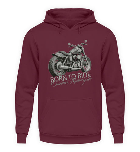 Ein Biker Hoodie von Wingbikers, mit dem Aufdruck, Born to Ride, in Burgunder.