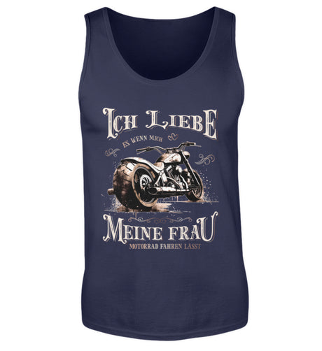 Ein Biker Tanktop für Motorradfahrer von Wingbikers mit dem Aufdruck, Ich liebe meine Frau, wenn sie mich Motorrad fahren lässt! - in navy blau.