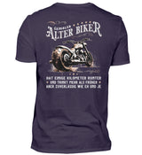 Ein Biker T-Shirt für Motorradfahrer von Wingbikers mit dem Aufdruck, Alter Biker - Einige Kilometer runter, trinkt mehr - aber zuverlässig wie eh und je - mit Back Print, in aubergine lila.