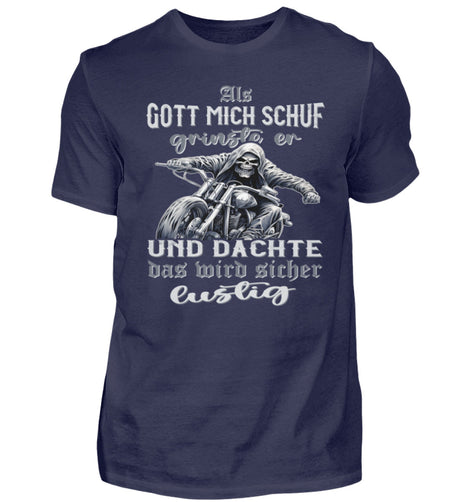 Ein Biker T-Shirt für Motorradfahrer von Wingbikers mit dem Aufdruck, Als Gott mich schuf grinste er und dachte, das wird sicher lustig! - in navy blau. 