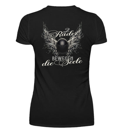 Ein T-Shirt mit V-Ausschnitt für Motorradfahrerinnen von Wingbikers mit dem Aufdruck, Zwei Räder bewegen die Seele - mit einem Helm mit Flügeln, in schwarz.