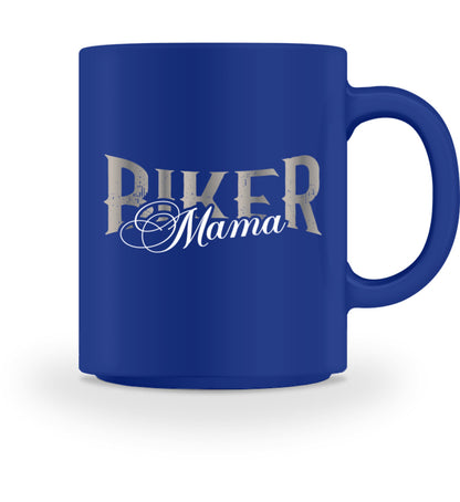 Eine Tasse für Motorradfahrerinnen von Wingbikers, mit dem beidseitigen Aufdruck, Biker Mama, in royal blau.