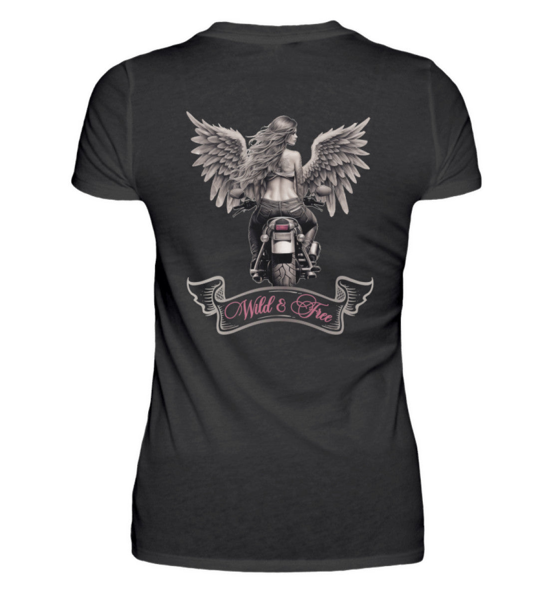 Ein T-Shirt für Motorradfahrerinnen von Wingbikers mit dem Aufdruck, Wild & Free, als Back Print, in schwarz.