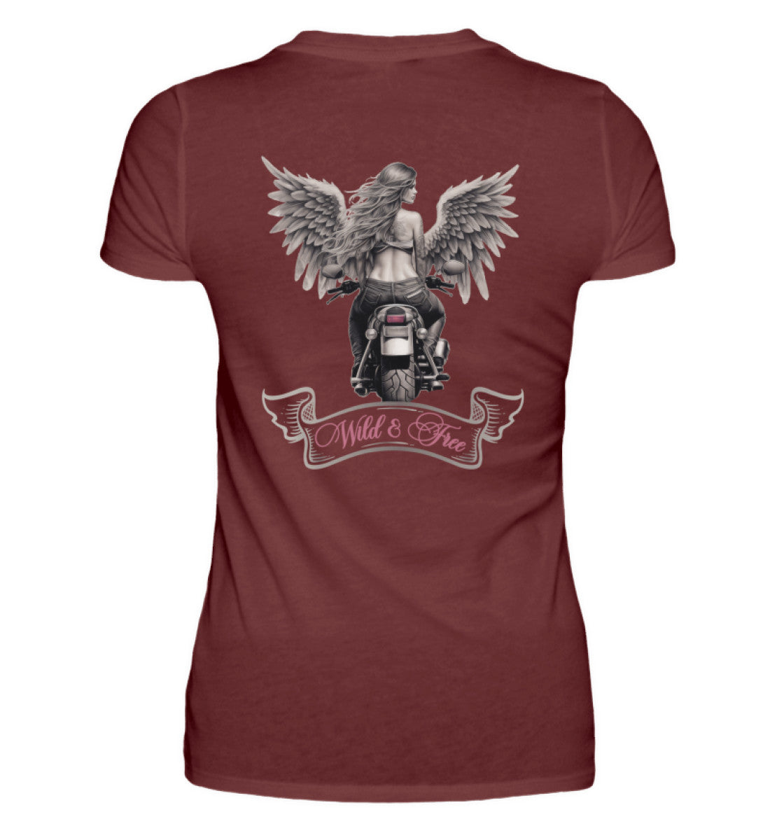 Ein T-Shirt für Motorradfahrerinnen von Wingbikers mit dem Aufdruck, Wild & Free, als Back Print, in weinrot.