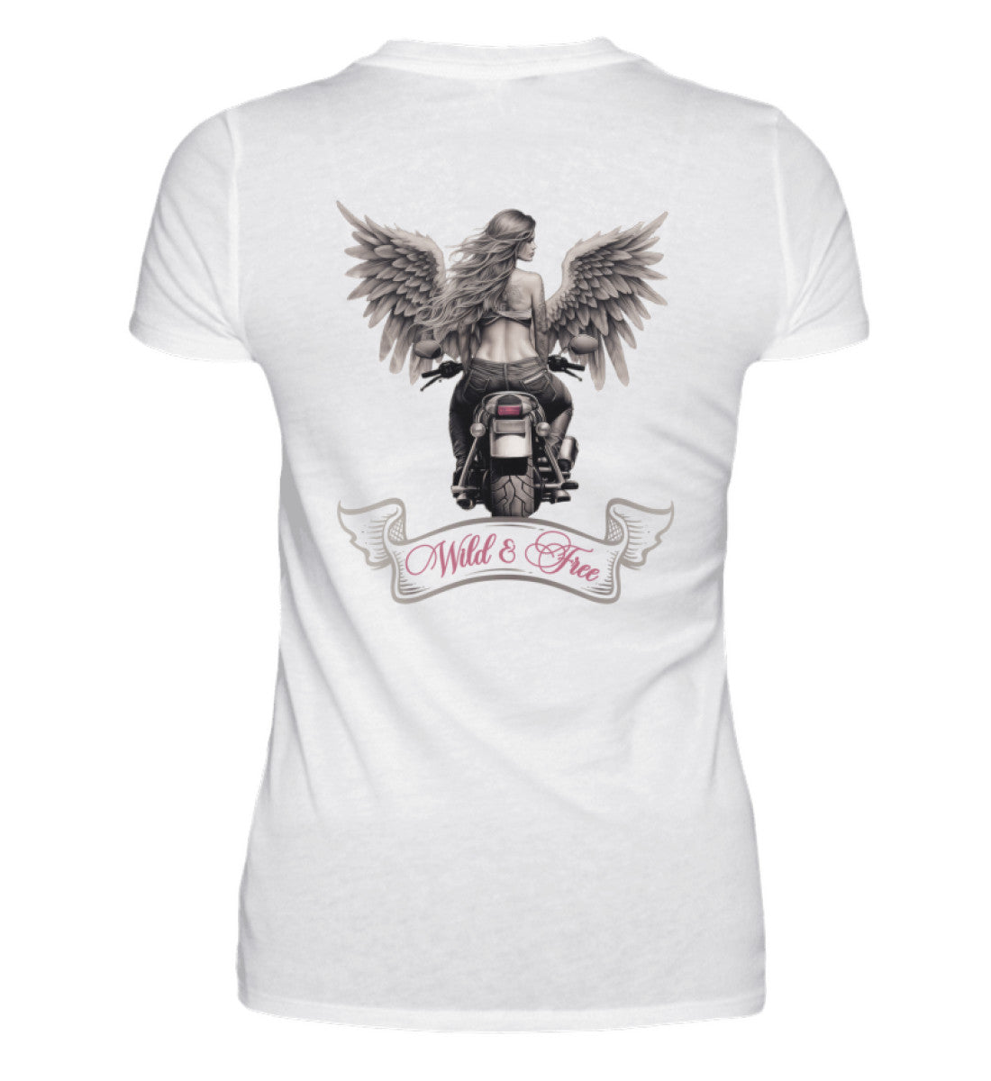 Ein T-Shirt für Motorradfahrerinnen von Wingbikers mit dem Aufdruck, Wild & Free, als Back Print, in weiß.