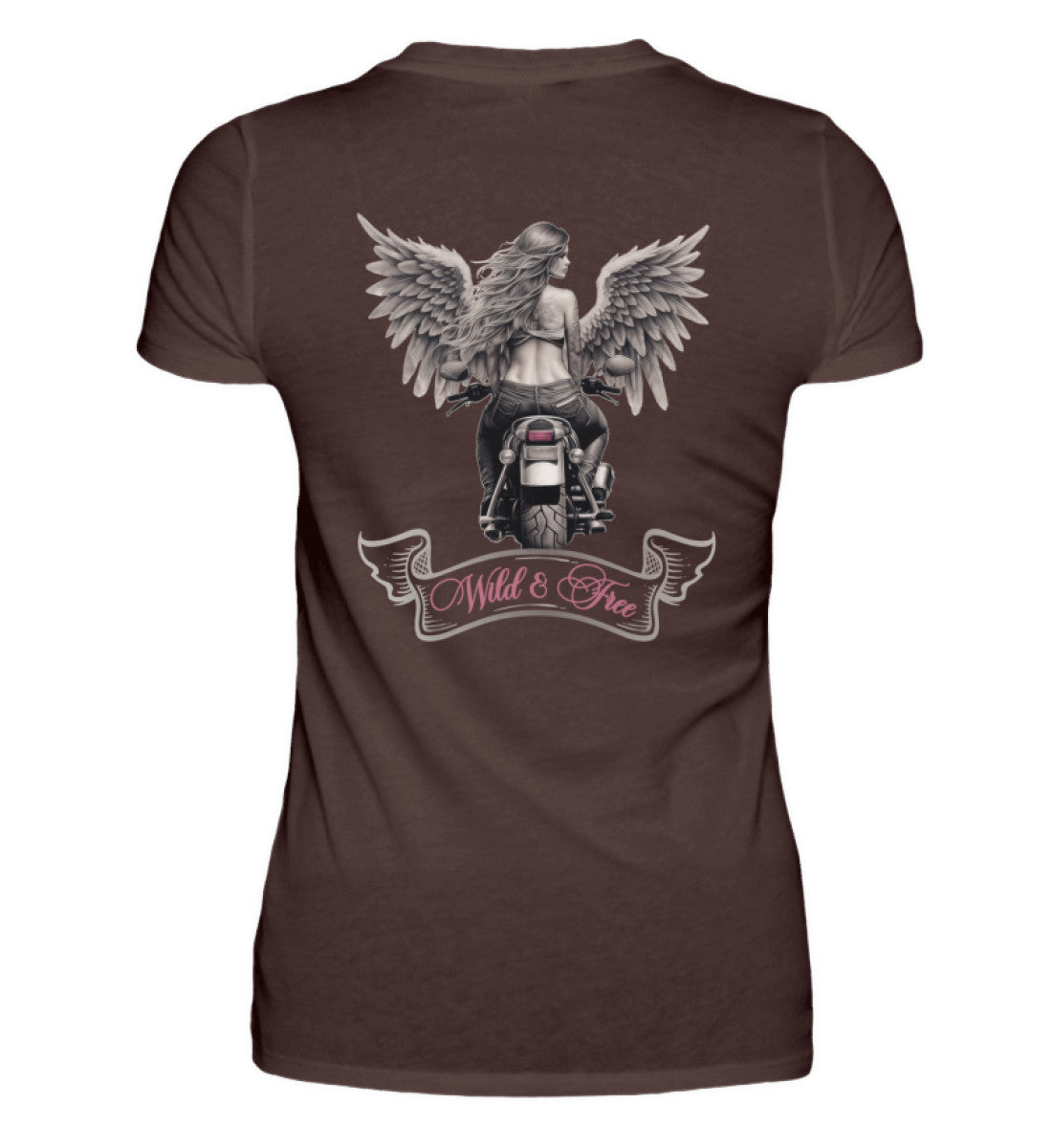 Ein T-Shirt für Motorradfahrerinnen von Wingbikers mit dem Aufdruck, Wild & Free, als Back Print, in braun.