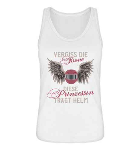 Ein Tanktop für Motorradfahrerinnen von Wingbikers mit dem Aufdruck, Vergiss die Krone - Diese Prinzessin trägt Helm, in weiß.