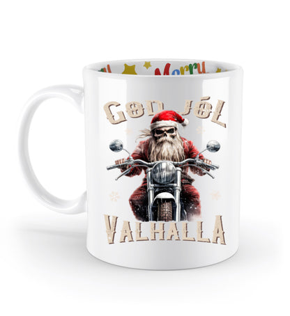 Eine weihnachtliche Tasse für Motorradfahrer von Wingbikers, mit dem beidseitigen Aufdruck, God Jól Valhalla, in weiß.