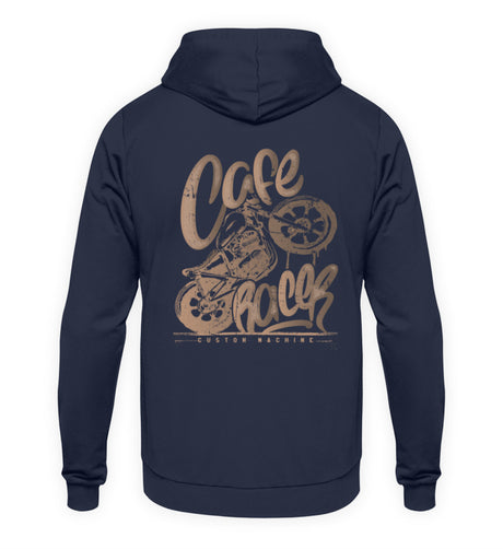 Ein Biker Hoodie für Motorradfahrer von Wingbikers mit dem Aufdruck, Café Racer - in einem modernen vintage Look - mit Back Print, in navy.