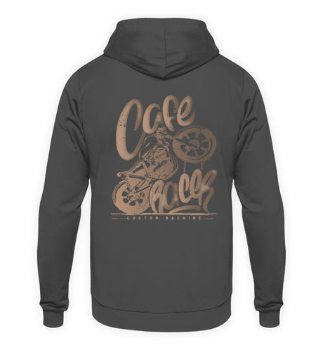 Ein Biker Hoodie für Motorradfahrer von Wingbikers mit dem Aufdruck, Café Racer - in einem modernen vintage Look - mit Back Print, in stahlgrau.