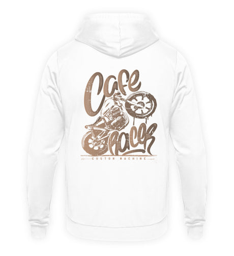 Ein Biker Hoodie für Motorradfahrer von Wingbikers mit dem Aufdruck, Café Racer - in einem modernen vintage Look - mit Back Print, in weiß.