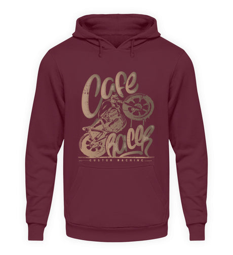Ein Biker Hoodie für Motorradfahrer von Wingbikers mit dem Aufdruck, Café Racer - in einem modernen vintage Look, in burgunder.