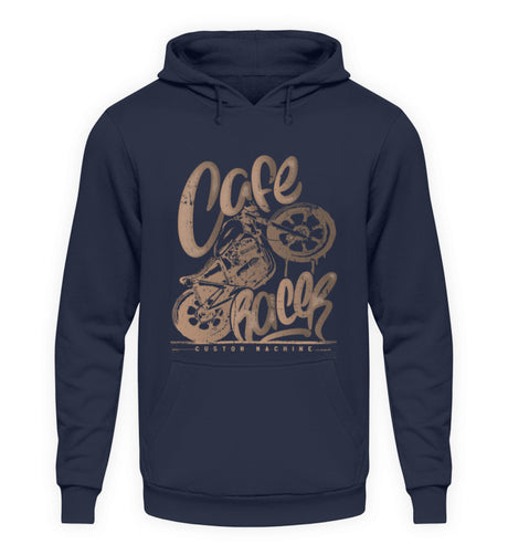 Ein Biker Hoodie für Motorradfahrer von Wingbikers mit dem Aufdruck, Café Racer - in einem modernen vintage Look, in navy.