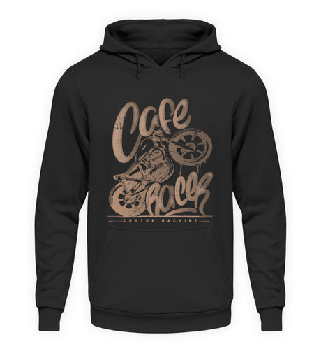 Ein Biker Hoodie für Motorradfahrer von Wingbikers mit dem Aufdruck, Café Racer - in einem modernen vintage Look, in schwarz.