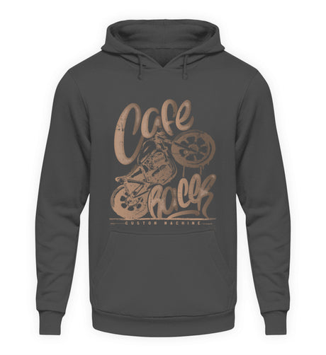 Ein Biker Hoodie für Motorradfahrer von Wingbikers mit dem Aufdruck, Café Racer - in einem modernen vintage Look, in stahlgrau.